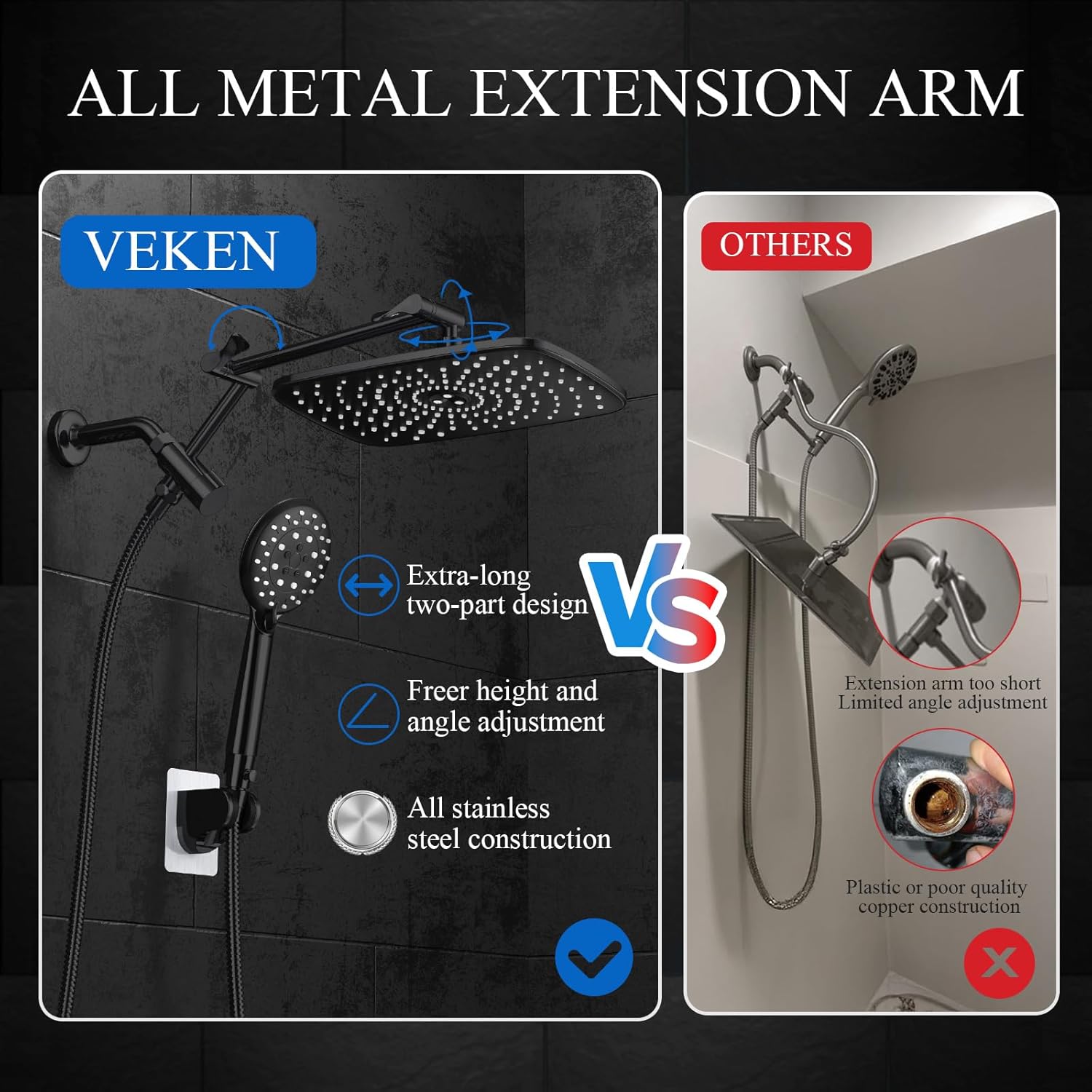 Veken | Shower Head Combo | 11.8 Inch | 1.8gpm | Matte Black