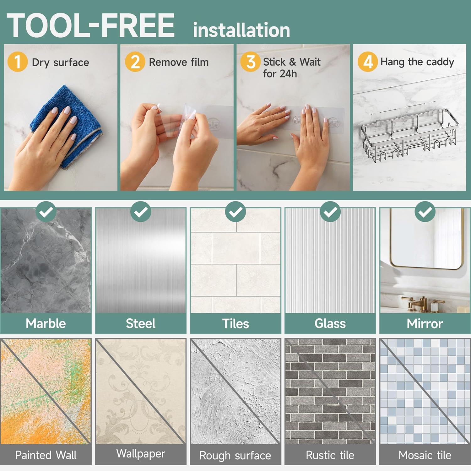 Veken Rustproof & Waterproof Shower Caddy 2-Pack, No Drilling Adhesive Shelves Rack with Soap Holder, Large Capacity Bathroom Organizers and Storage, Wall-Mounted Kitchen & Home Decor, Silver - aborderproducts