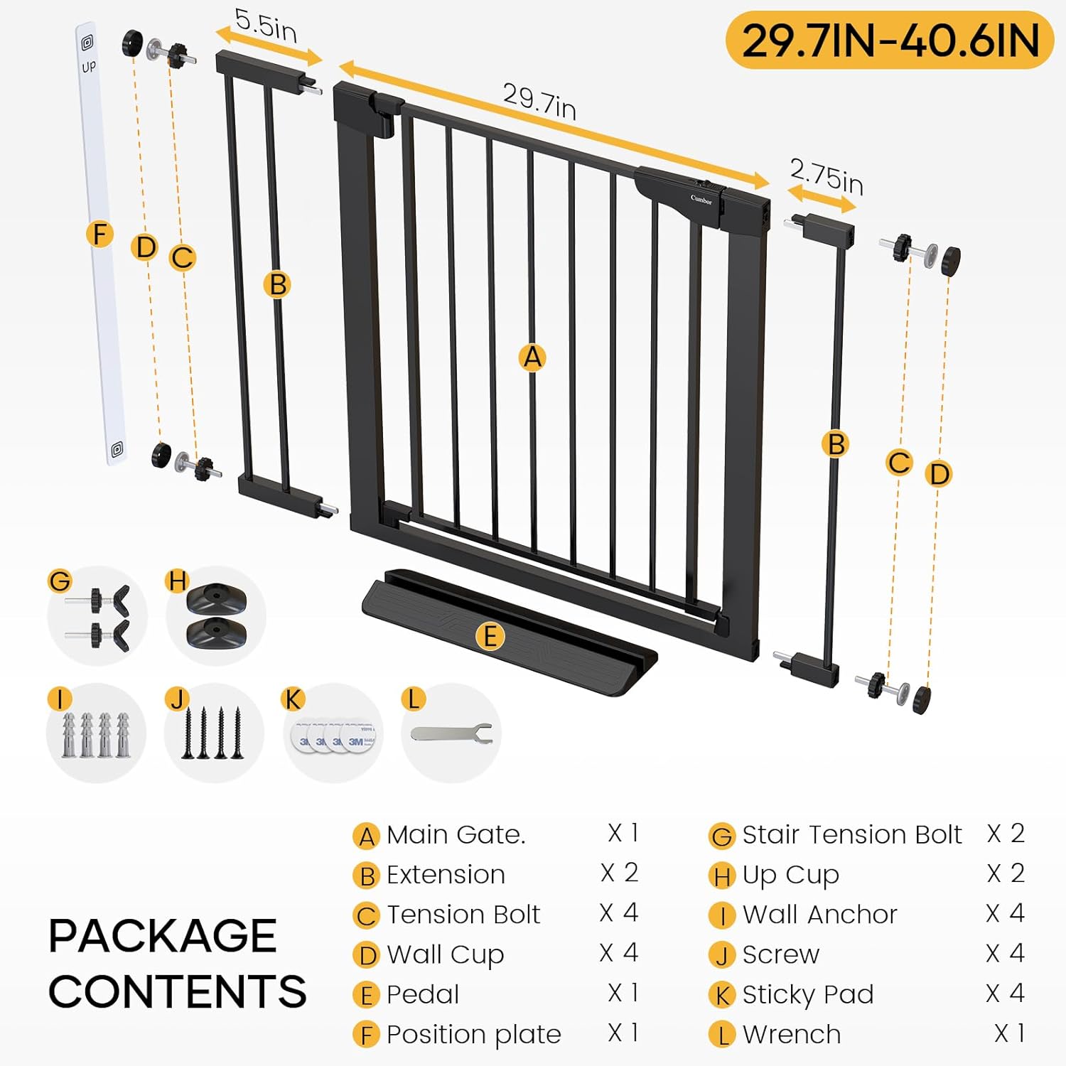 Cumbor | Safety Gate | 29.7"-40.6" | 2 Packs | Black