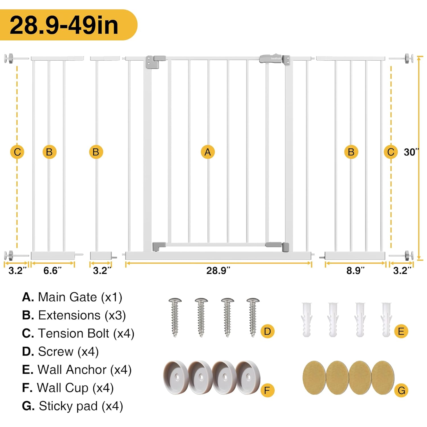 InnoTruth | Baby Gate | 28.9-49" W x 30" H | White - aborderproducts