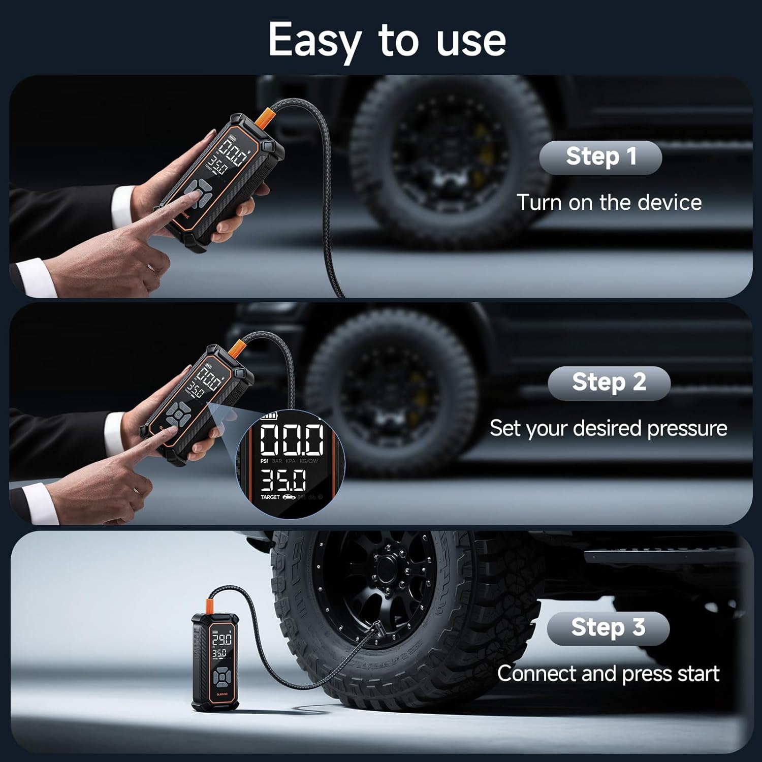 OlarHike Powerful Tire Inflator Portable Air Compressor, Ultra-Fast Inflation & Long-Lasting Battery, Cordless Air Pump for Pickup, SUV & Car Tires, Electric Pump with Digital Pressure Gauge/LED Light - aborderproducts