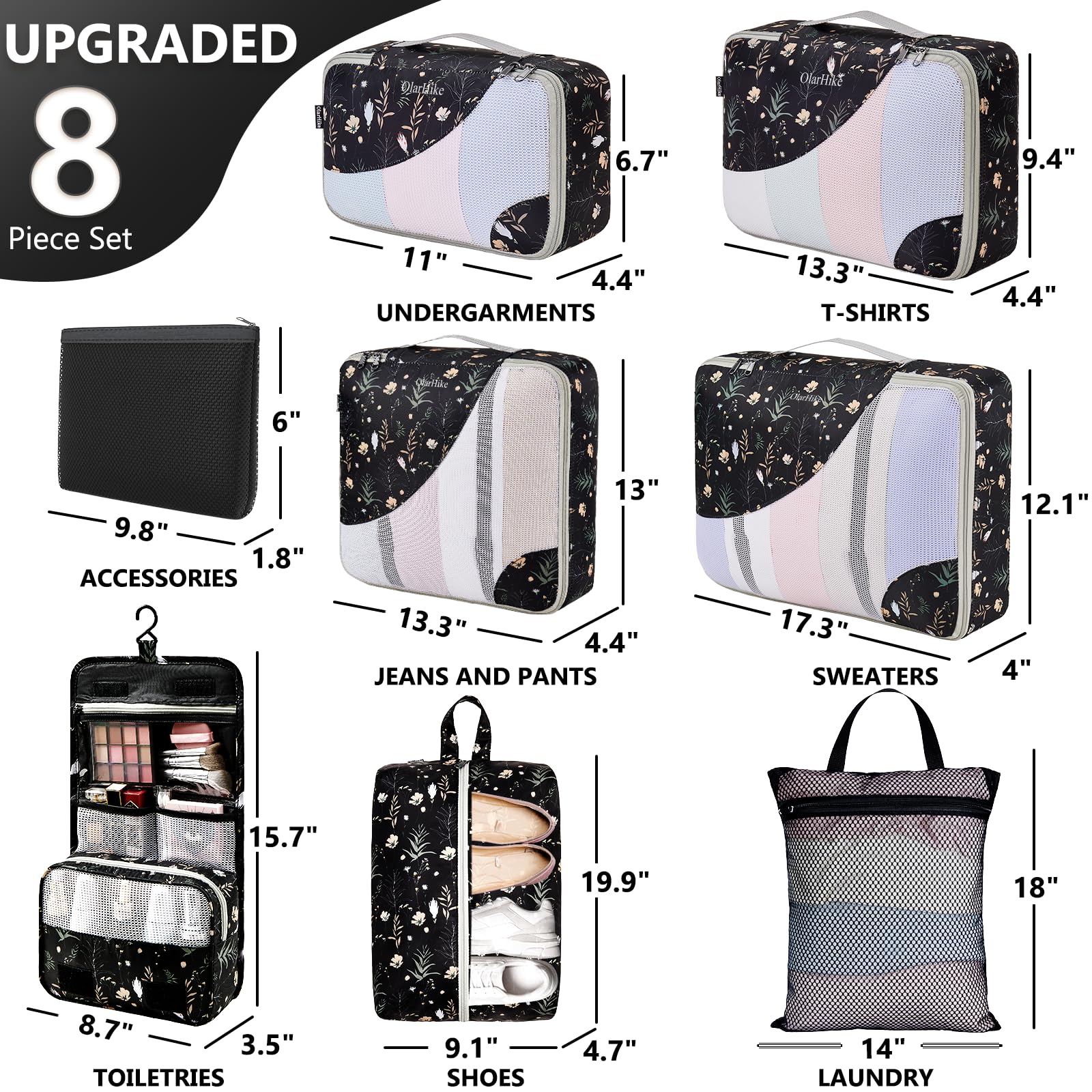 OlarHike Anti-Tearing Suitcase Organizer Packing Cubes 8-Pack-Black Flower