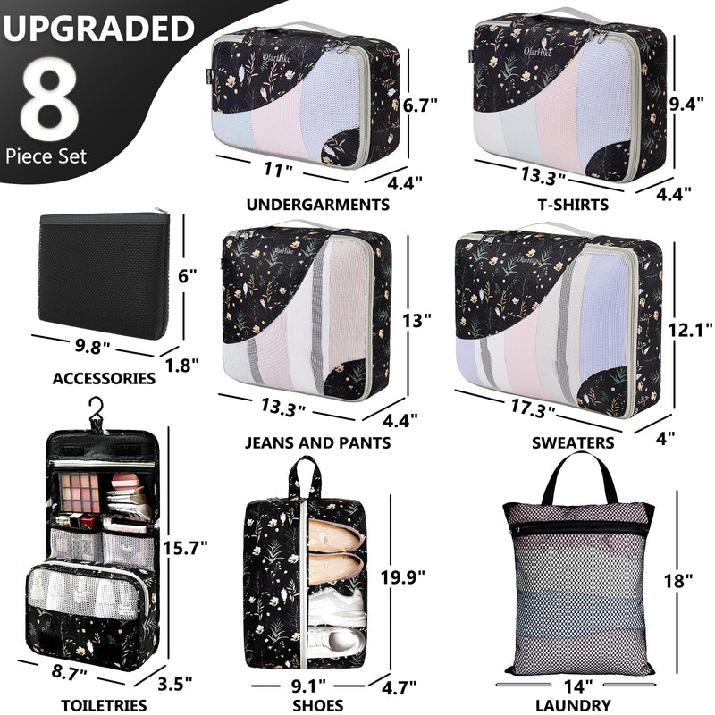 OlarHike Anti-Tearing Suitcase Organizer Packing Cubes 8-Pack-Black Flower-zoom-