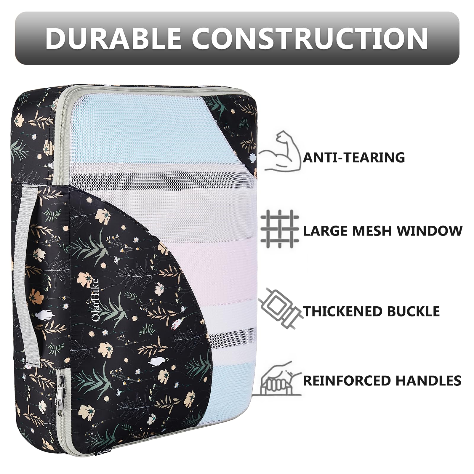 OlarHike Anti-Tearing Suitcase Organizer Packing Cubes 8-Pack-Black Flower-5