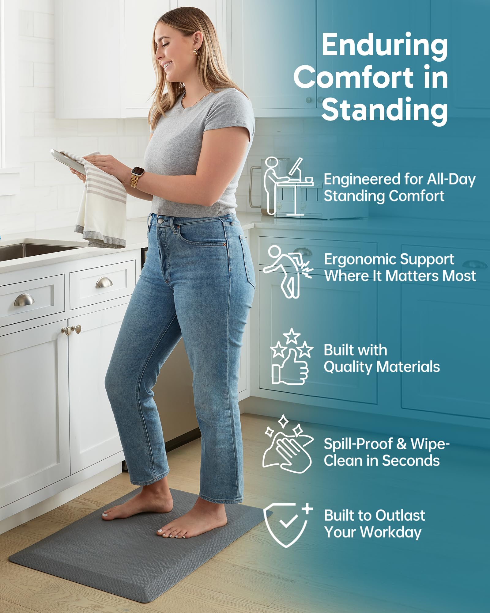Ophanie Anti Fatigue Cushioned Mat, 9/10 inch Thick, Kitchen mats for Floor, Kitchen Rugs, Waterproof,Comfort Ergonomic Standing Mat for Office, Home, Sink, 20 * 48+20 * 32 Gray Non-Slip Bottom-4