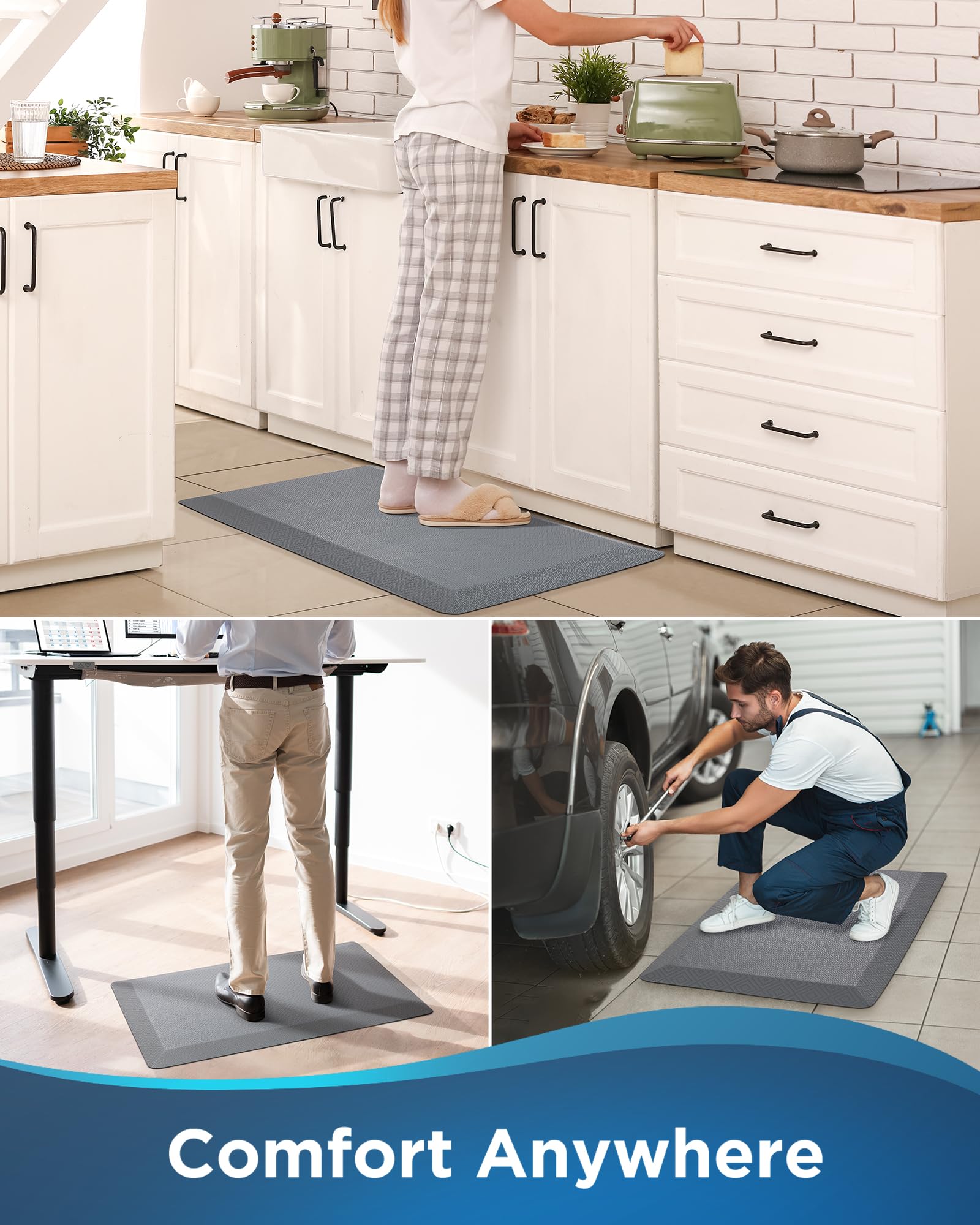 Ophanie Anti Fatigue Cushioned Mat, 9/10 inch Thick, Kitchen mats for Floor, Kitchen Rugs, Waterproof,Comfort Ergonomic Standing Mat for Office, Home, Sink, 20 * 48+20 * 32 Gray Non-Slip Bottom-zoom-9