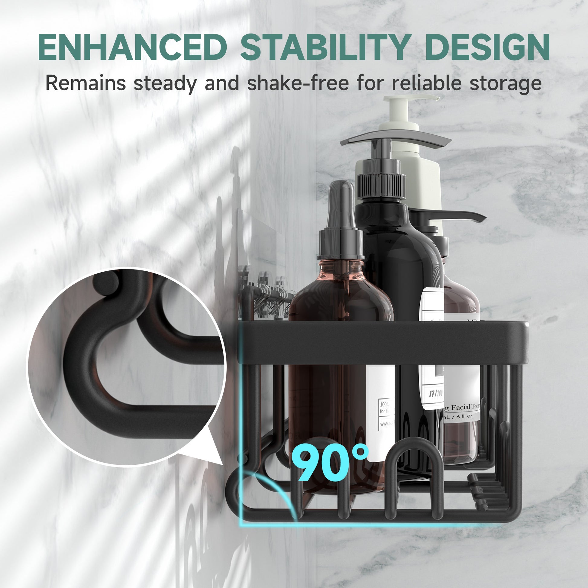 Veken | 6 Pack Stainless Steel Shower Caddy| Black | No Drilling &amp; Rustproof, Waterproof Adhesive Shelves Rack with Soap Holder, Large Capacity Bathroom Organizers and Storage, Wall-Mounted Kitchen Decor - aborderproducts