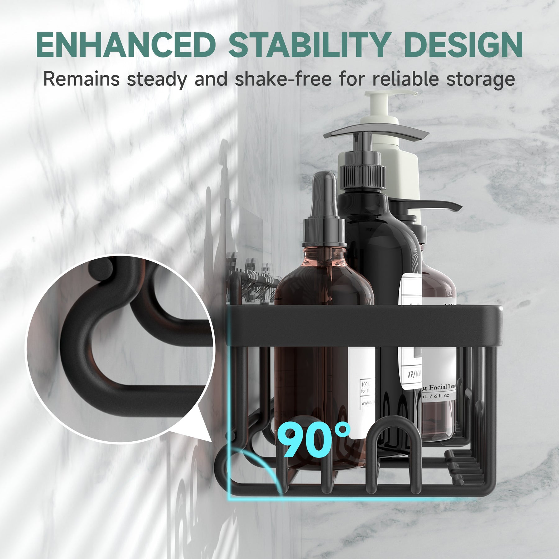 Veken | 6 Pack Stainless Steel Shower Caddy| Black | No Drilling &amp; Rustproof, Waterproof Adhesive Shelves Rack with Soap Holder, Large Capacity Bathroom Organizers and Storage, Wall-Mounted Kitchen Decor