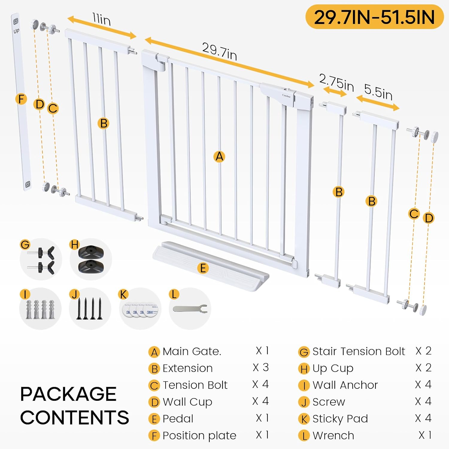 Cumbor | 2 Pack | 29.7"-51.5" | Baby Gate Extra Wide | White