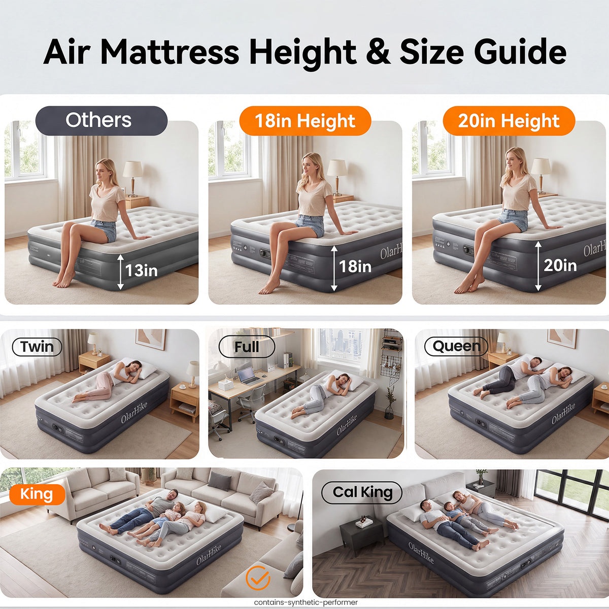 OlarHike 20" H King Air Mattress with Built in Pump,Inflatable Bed, 850lb-9