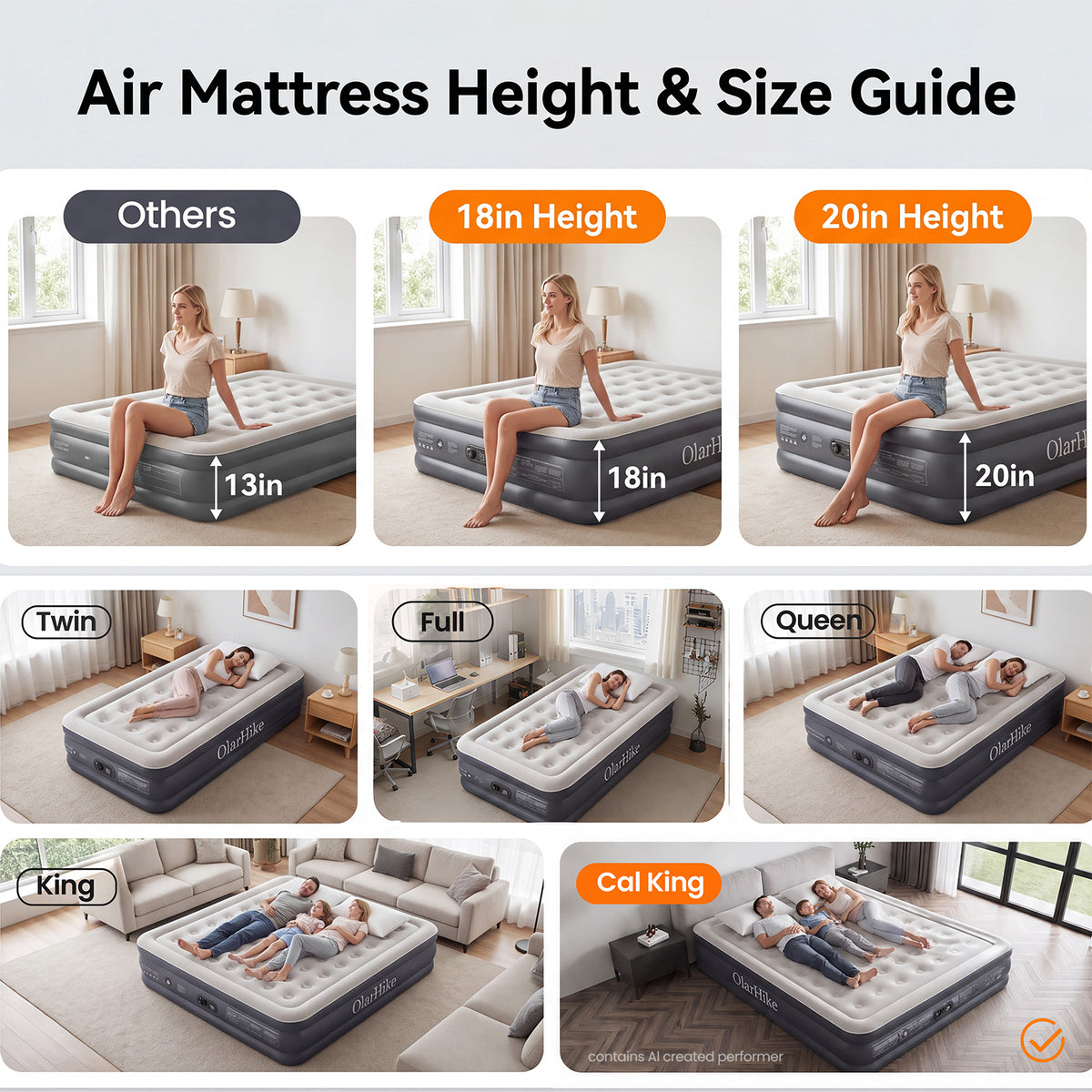 OlarHike 20" H Cal King Air Mattress with Built in Pump,Family Size, 850lb-10