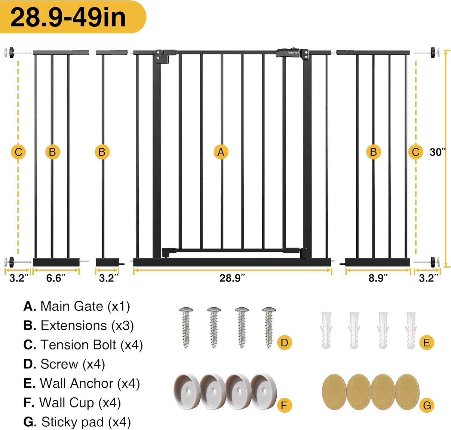 InnoTruth 28.9-49" Baby Gate for Stairs, 30" Tall Extra Wide Pet Gates for Doorways One-Hand Opening, Easy Walk Thru Dual Lock Dog Gates for the House, Hallways, Rooms, Easy Install Toddler Gate,Black (Copy) - aborderproducts