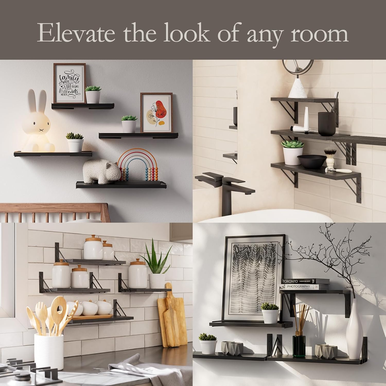 BAYKA  | Floating Shelves | Set of 4 | Black - aborderproducts