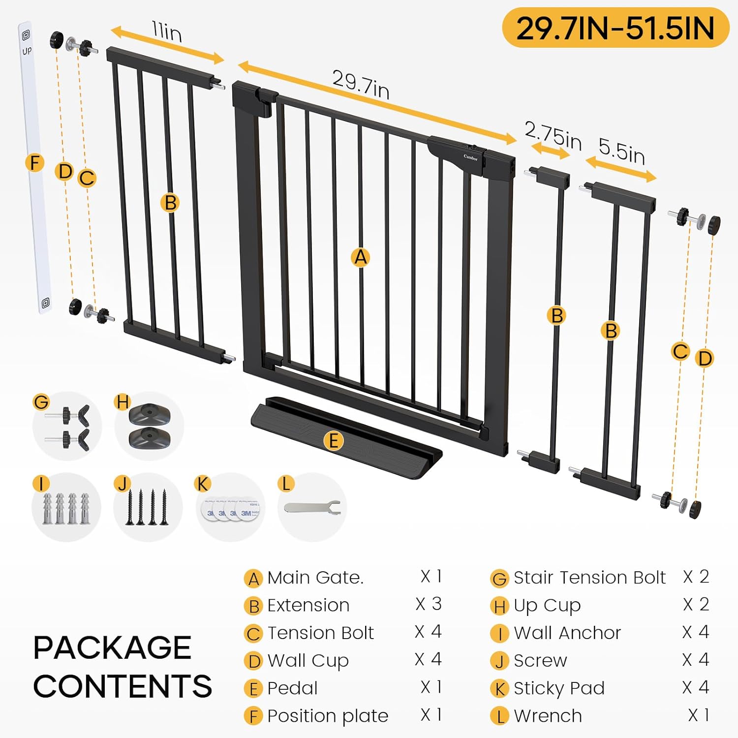 Cumbor | 2 Pack | 29.7"-51.5" | Baby Gate Extra Wide| Black