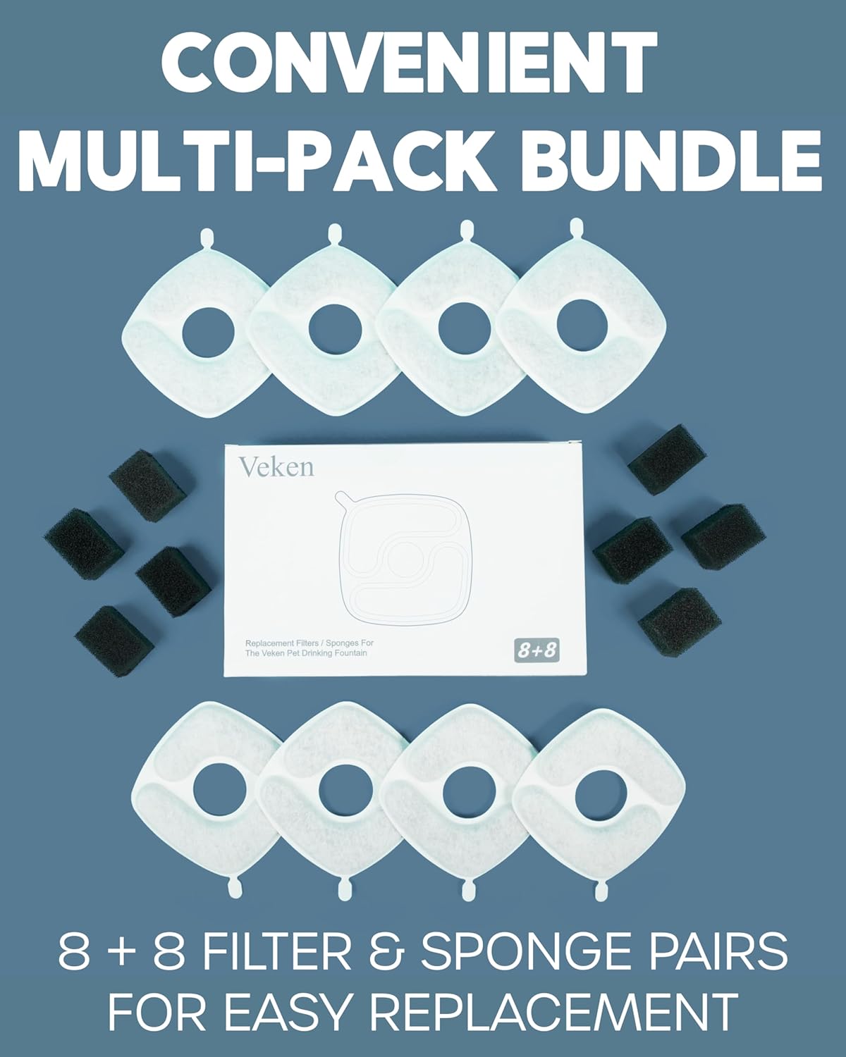 Veken | Cat Water Fountain Filters | 8 Pack Replacement Filters+8 Pack Replacement Pre-Filter Sponges Set - aborderproducts