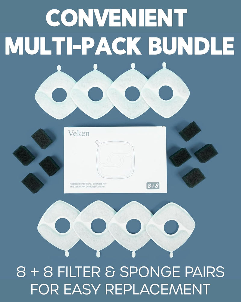Veken | Cat Water Fountain Filters | 8 Pack Replacement Filters+8 Pack Replacement Pre-Filter Sponges Set-zoom-