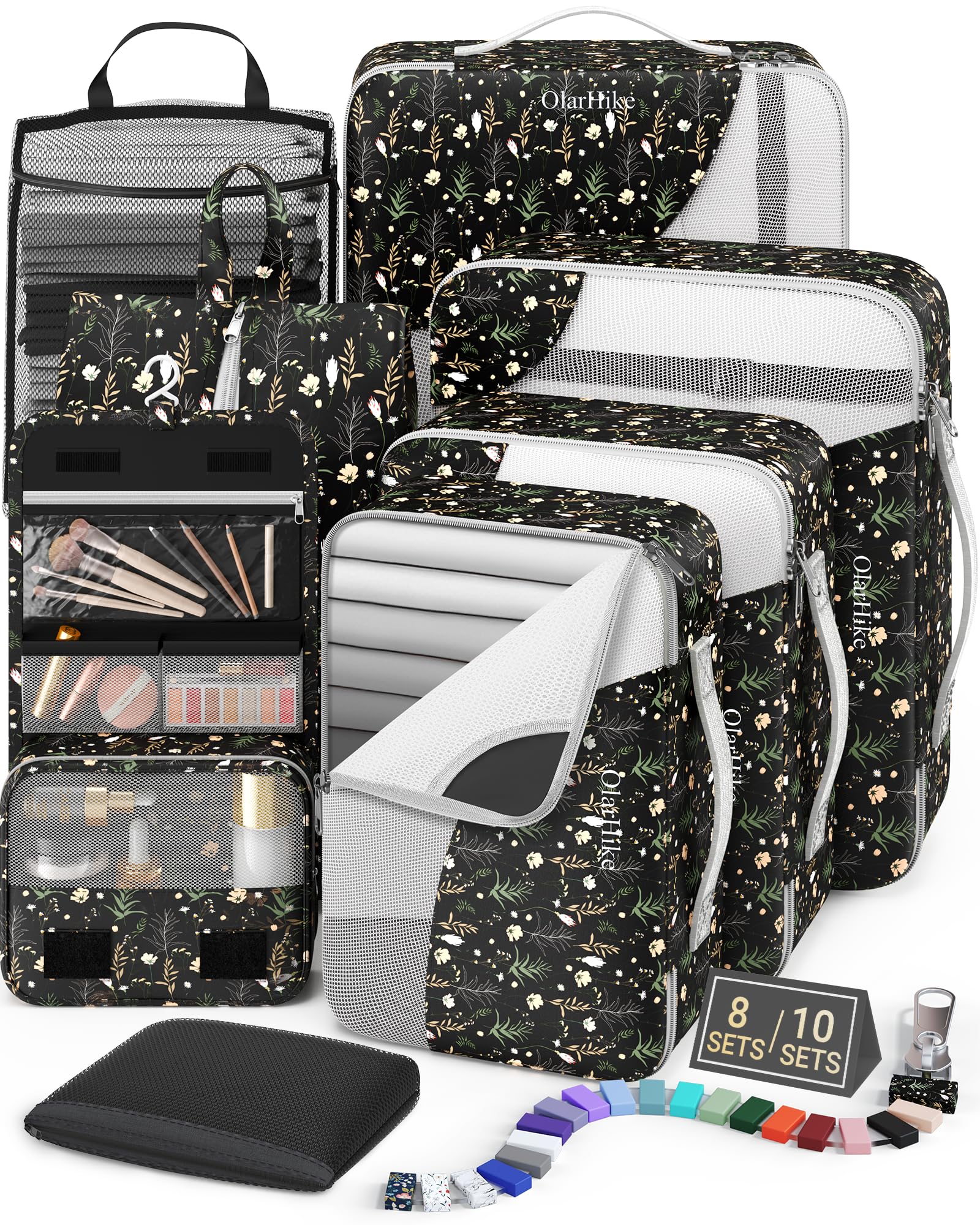OlarHike Anti-Tearing Suitcase Organizer Packing Cubes 8-Pack-Black Flower-2