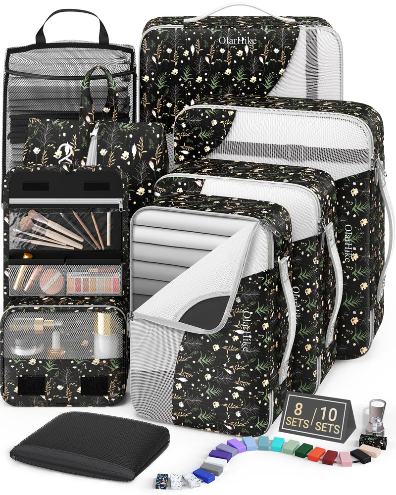 OlarHike Anti-Tearing Suitcase Organizer Packing Cubes 8-Pack-Black Flower-zoom-