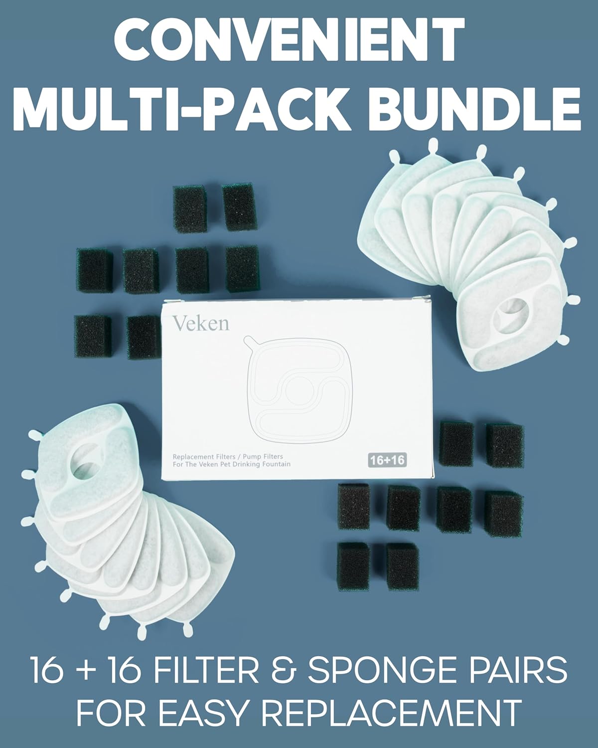 Veken Cat Water Fountain Filters | 16 Pack Replacement Filters + 16 Pack Replacement Pre-Filter Sponges Set - aborderproducts