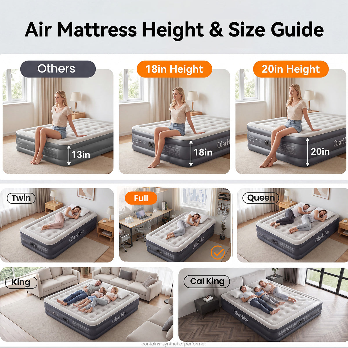 OlarHike Full Air Mattress Built-in Pump，20" Air Bed for Home,600LBS-zoom-10