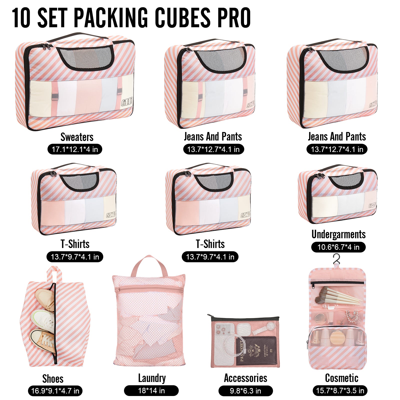Veken 10 Set Packing Cubes for Travel Essential, Suitcase Organizer Bags in 4 Sizes, Carry-On Luggage Accessories with Large Laundry & Hanging Toiletry Bag, Must-Have for Airplane, Road Trip & Camping-8