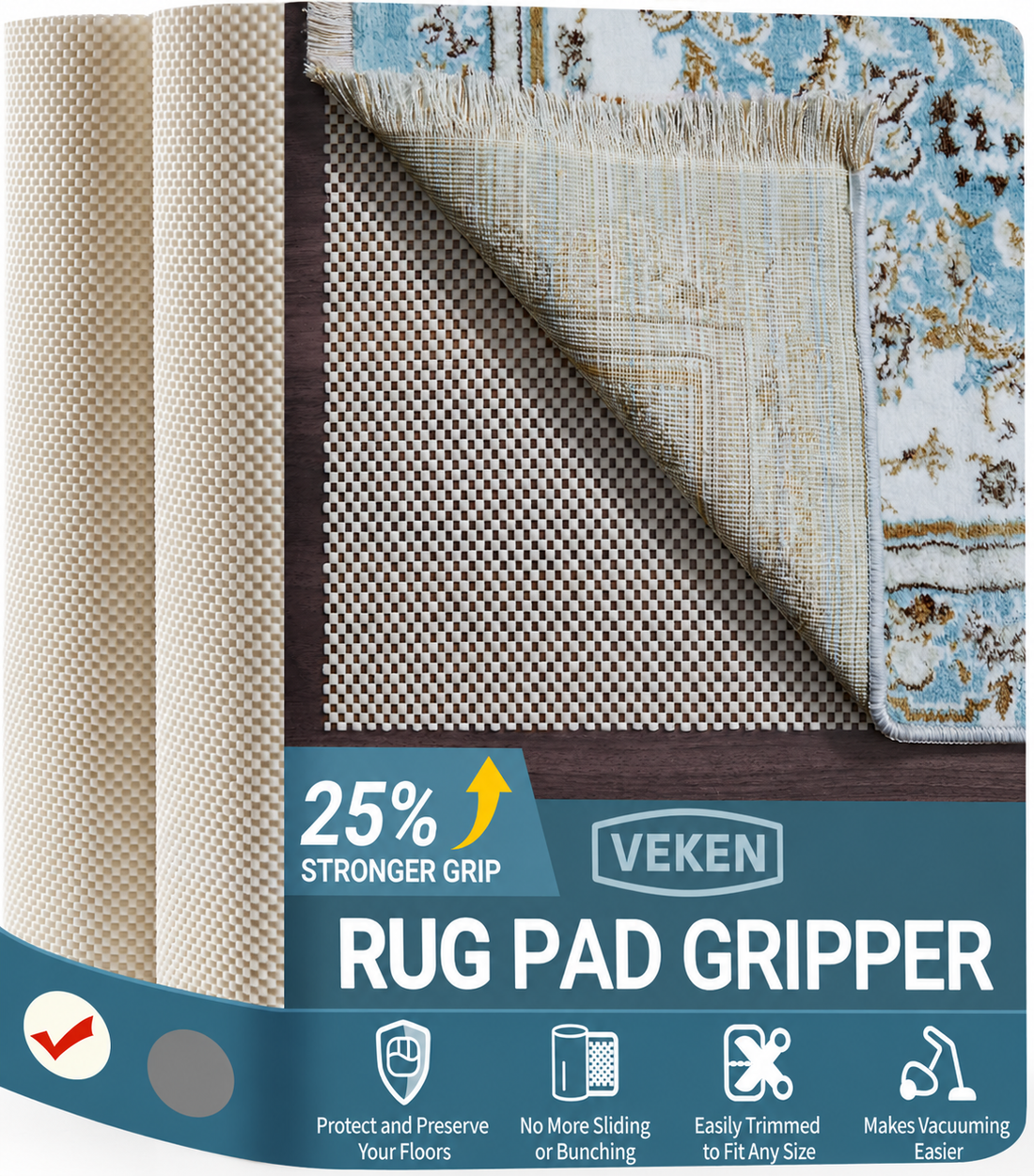 Veken Non-Slip Rug Pad Gripper for Hardwood Floors, Open Grid Area Rug Pad, Thick Anti Skid Rug Mat for Tile Floors