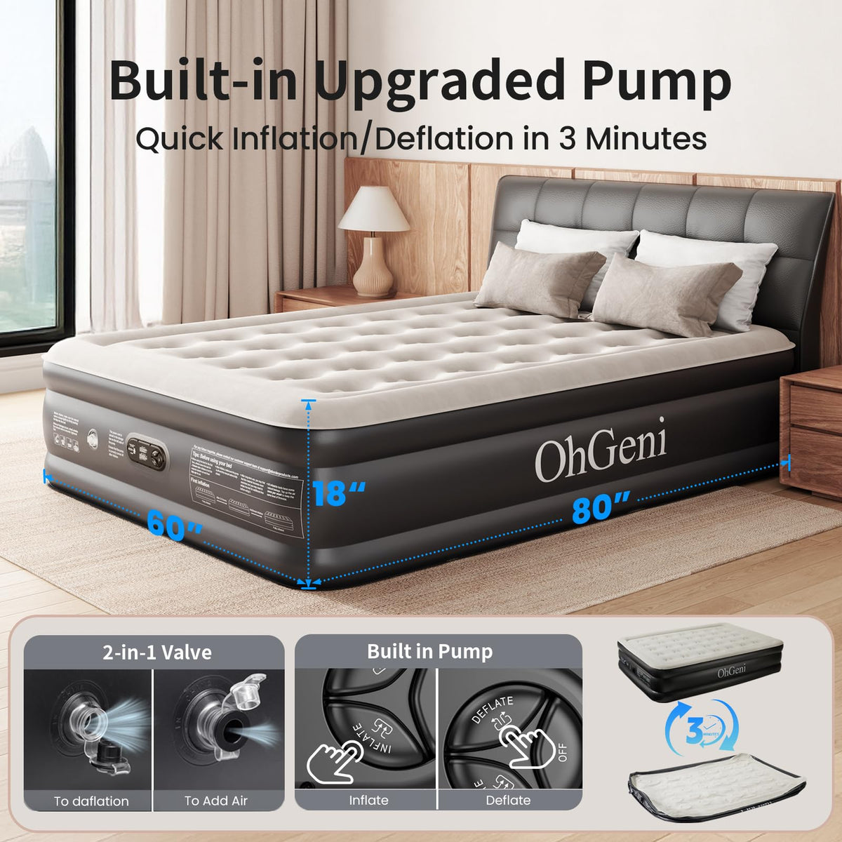 OhGeni Raised Inflatable Air Mattress with Built-in Pump, Advanced Support & Quick Inflation Blow Up Bed for Guests & Camping-zoom-10