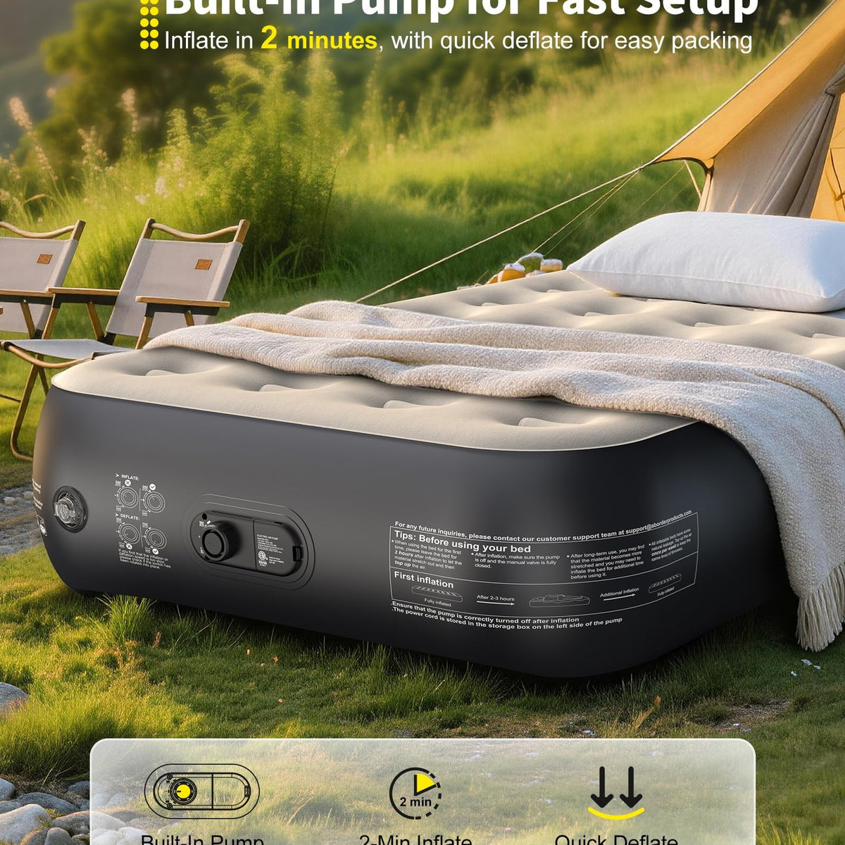 OhGeni Raised Inflatable Air Mattress with Built-in Pump, Advanced Support & Quick Inflation Blow Up Bed for Guests & Camping-9