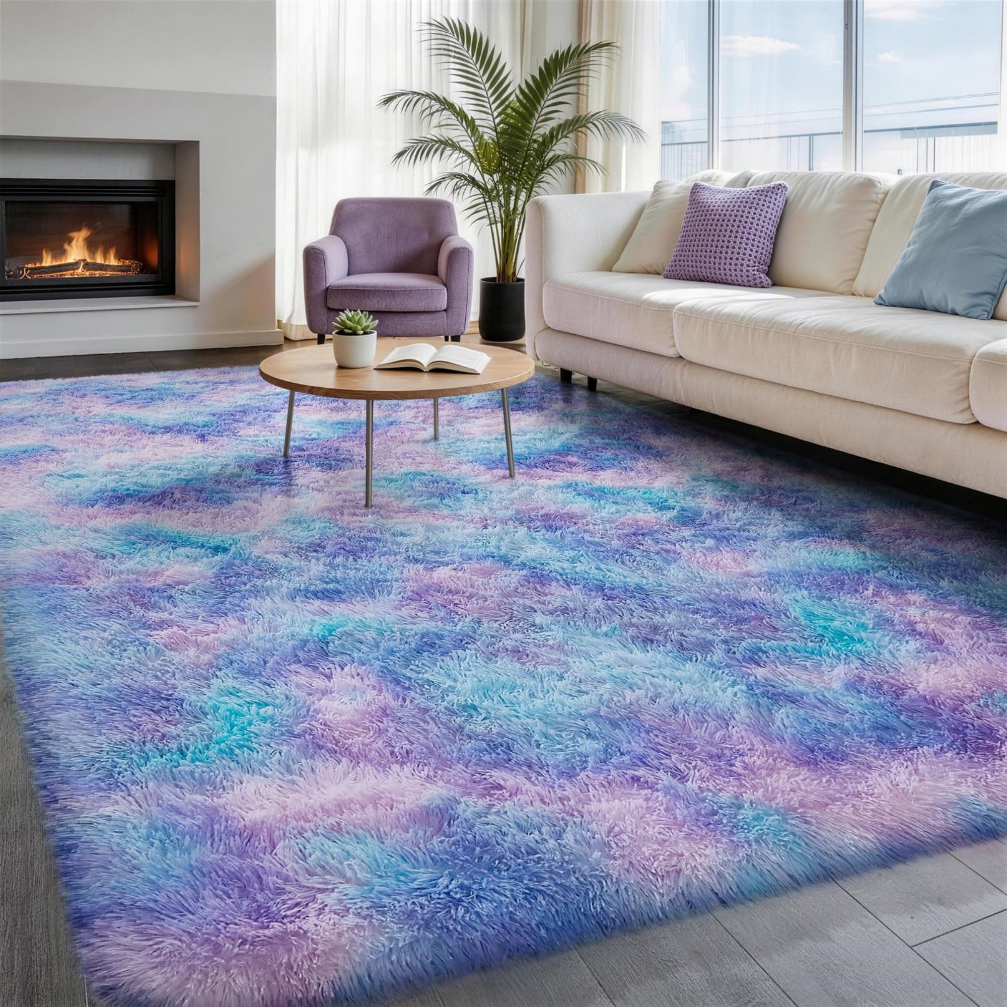 Ophanie 4x6 Mermaid Rainbow Area Rug Soft Fluffy Shag Bedroom Rug for Girls Kids Plush Carpet-zoom-4