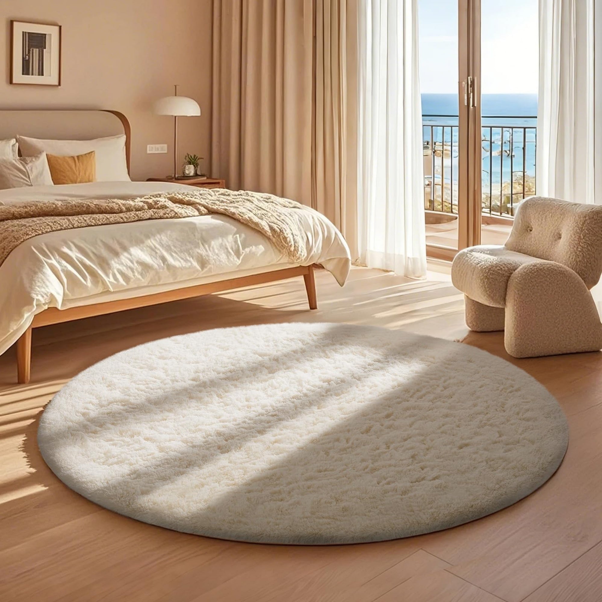 Ophanie 4ft Round Area Rug Plush Shag Circular Bedroom Nursery Rug Ivory Soft Fluffy Carpet-zoom-3