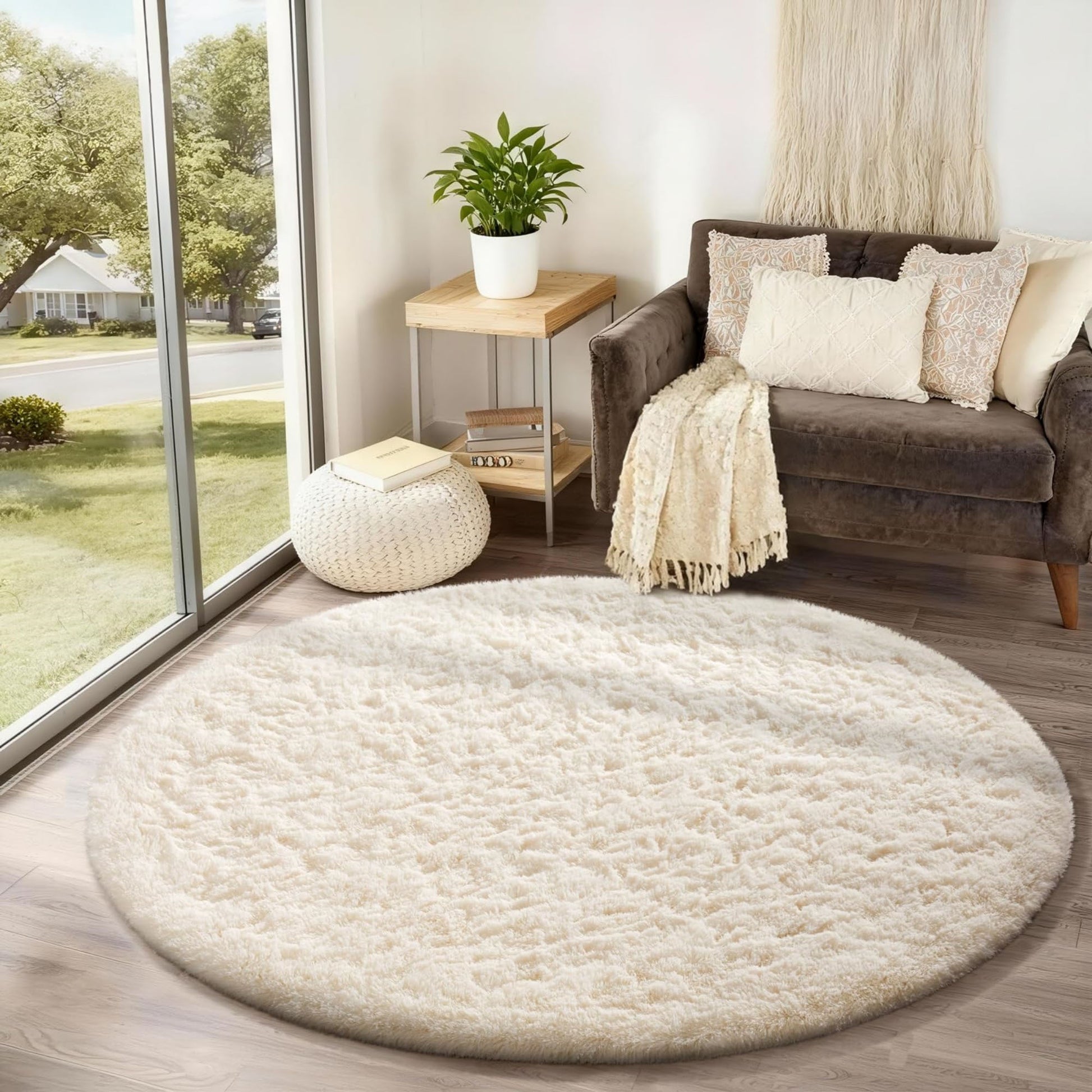 Ophanie 4ft Round Area Rug Plush Shag Circular Bedroom Nursery Rug Ivory Soft Fluffy Carpet-1