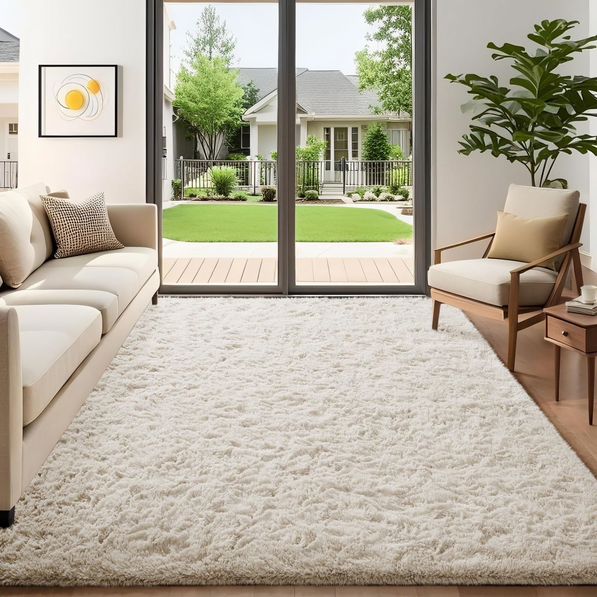 Ophanie 5x7 Area Rug Non Slip Plush Shag Bedroom Living Room Carpet Ivory Soft Fluffy Floor Rug-zoom-3