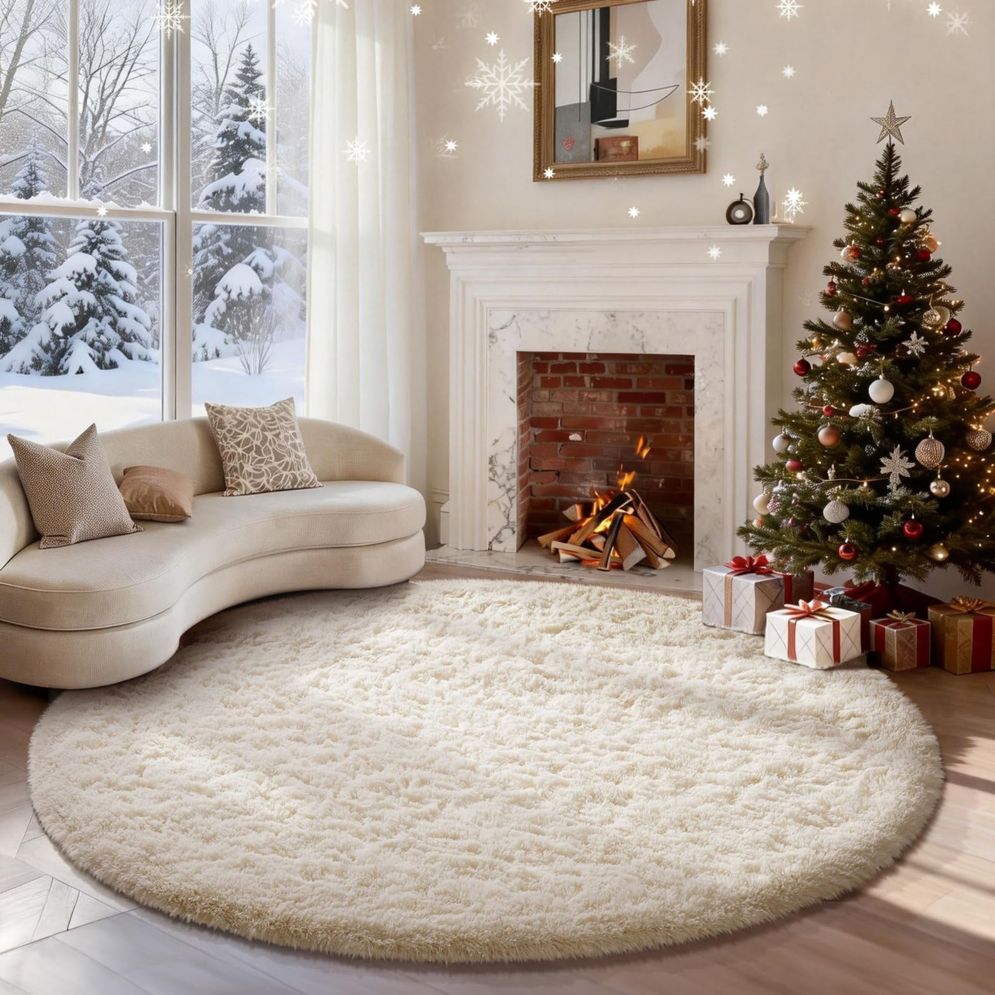 Ophanie 6ft Round Area Rug Plush Shag Circular Bedroom Nursery Rug Ivory Soft Fluffy Carpet-3