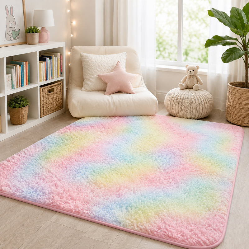 Ophanie Rainbow Rug 4x6, Fluffy Shag Area Rug for Girls Bedroom, Colorful Soft Fuzzy Carpet for Kids Nursery, Teen Dorm Bedside Mat-zoom-