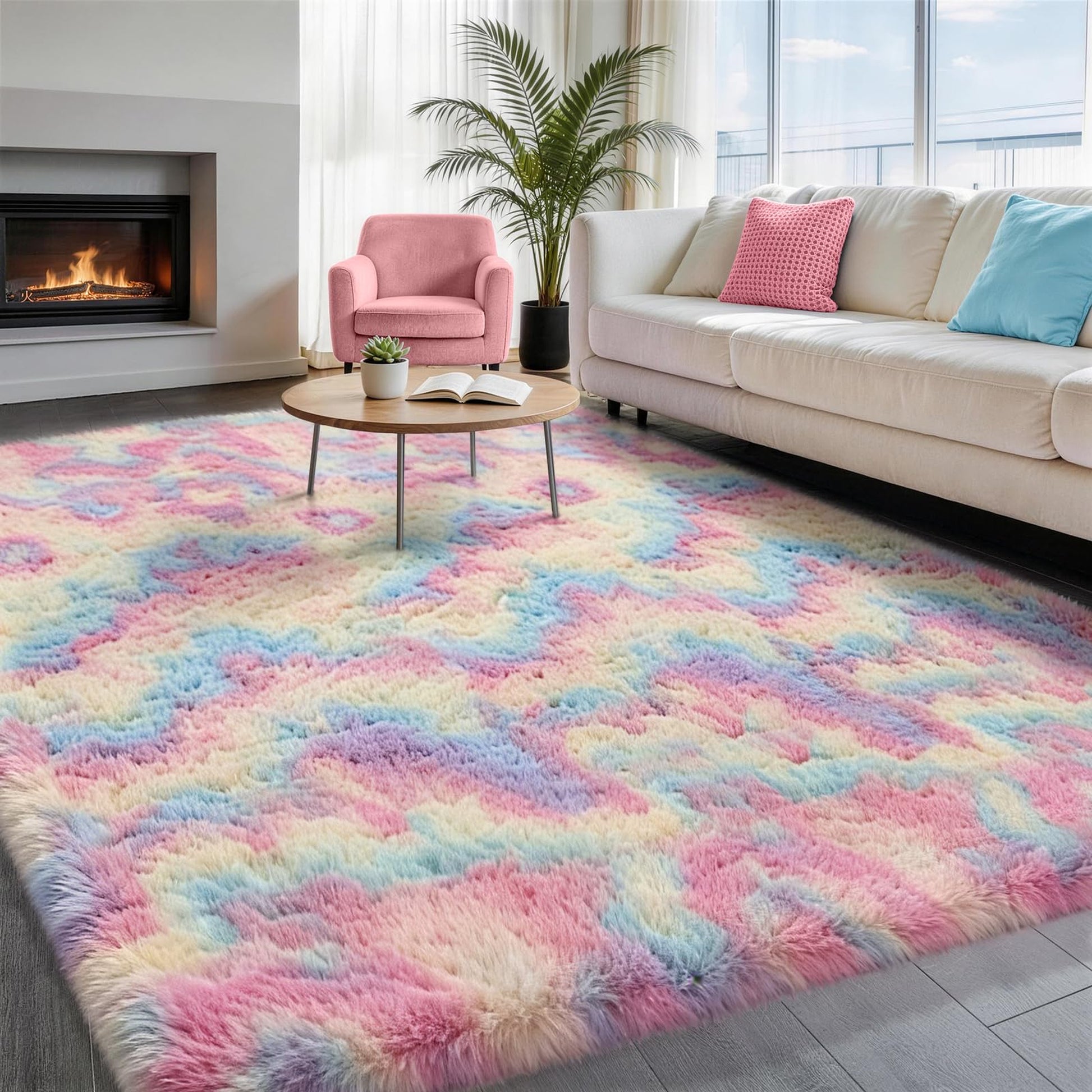 Ophanie Rainbow Rug 4x6, Fluffy Shag Area Rug for Girls Bedroom, Colorful Soft Fuzzy Carpet for Kids Nursery, Teen Dorm Bedside Mat-8