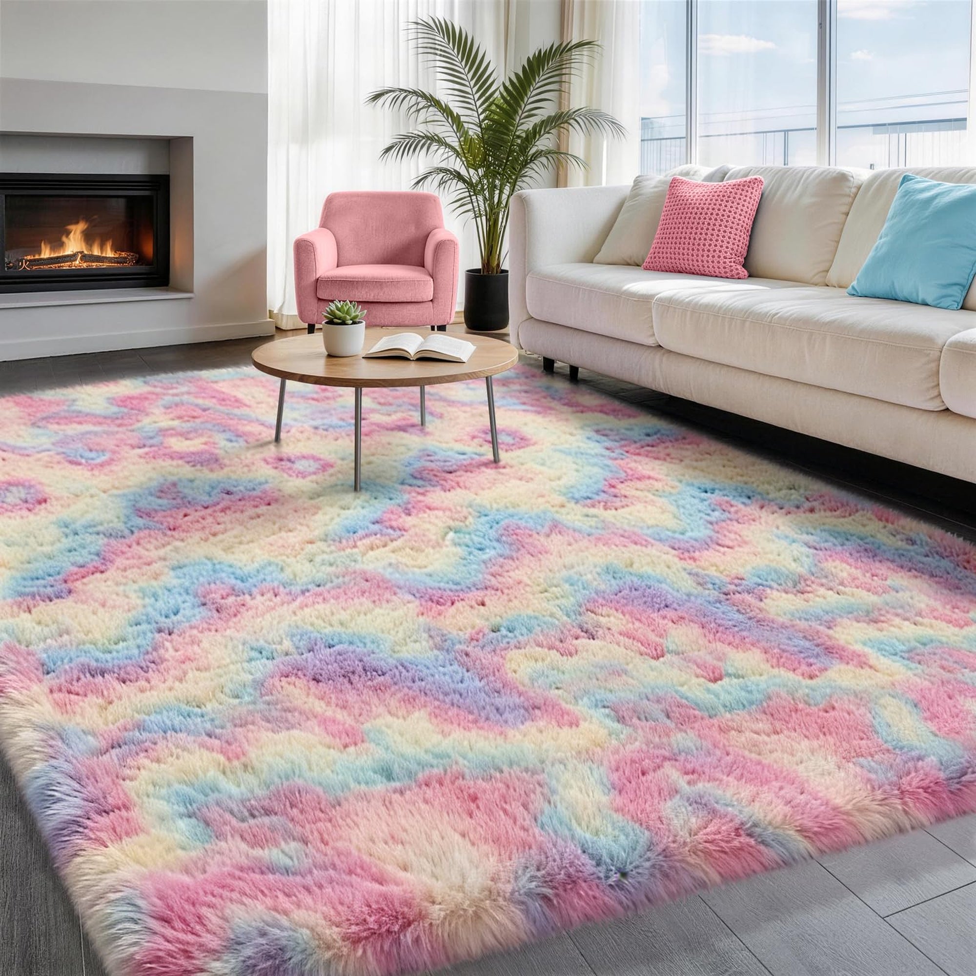 Ophanie Rainbow Rug 4x6, Fluffy Shag Area Rug for Girls Bedroom, Colorful Soft Fuzzy Carpet for Kids Nursery, Teen Dorm Bedside Mat-zoom-8