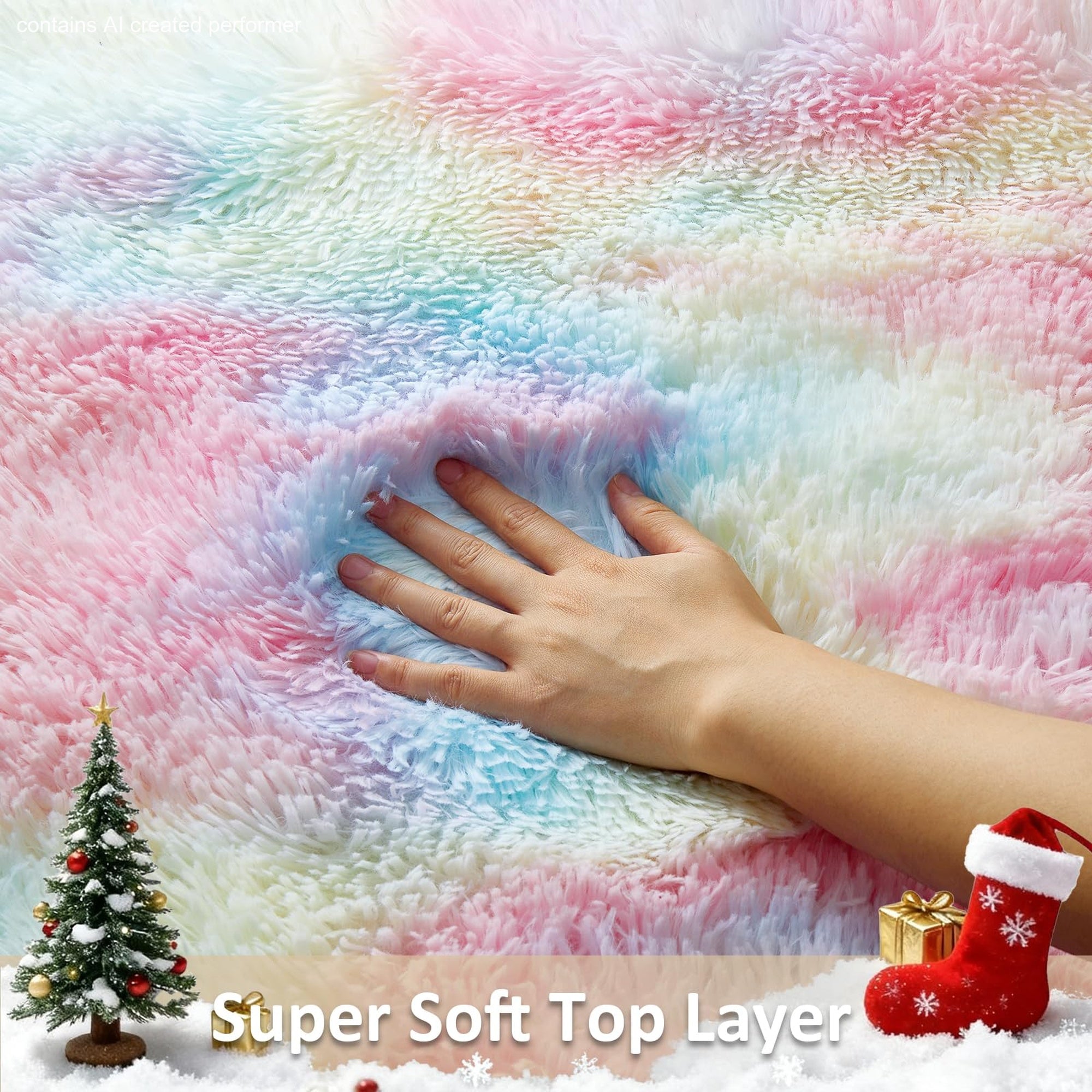 Ophanie Rainbow Rug 4x6, Fluffy Shag Area Rug for Girls Bedroom, Colorful Soft Fuzzy Carpet for Kids Nursery, Teen Dorm Bedside Mat-zoom-6