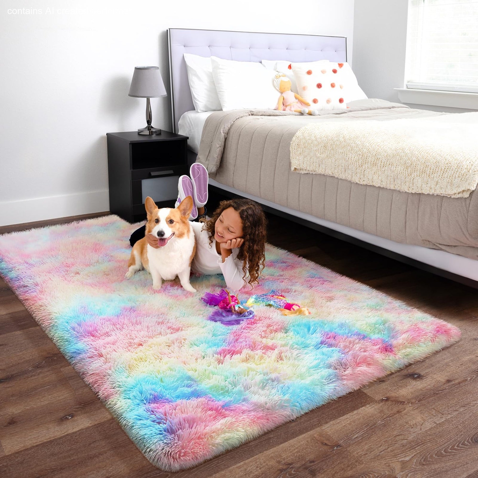 Ophanie Rainbow Rug 4x6, Fluffy Shag Area Rug for Girls Bedroom, Colorful Soft Fuzzy Carpet for Kids Nursery, Teen Dorm Bedside Mat-zoom-9