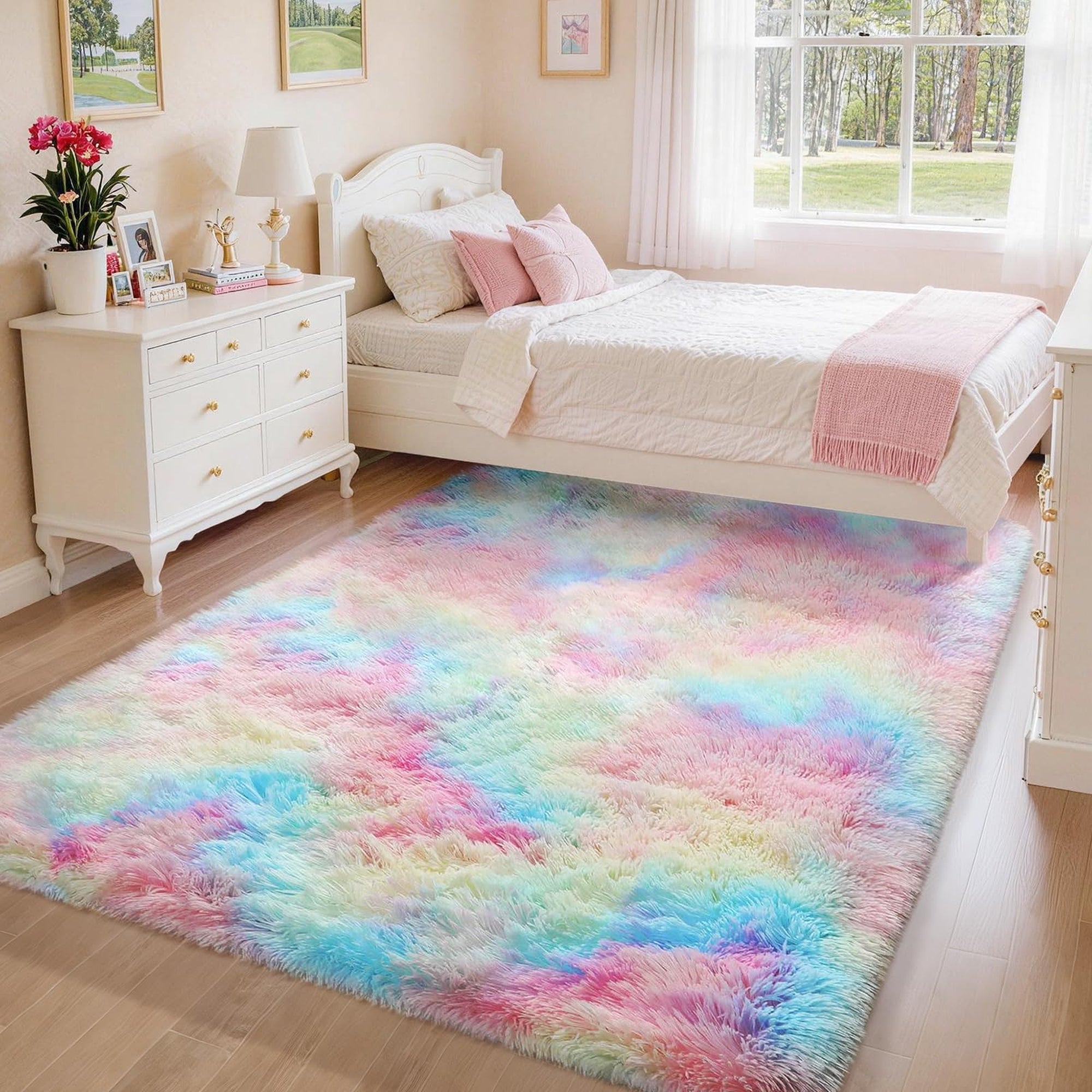 Ophanie Rainbow Rug 4x6, Fluffy Shag Area Rug for Girls Bedroom, Colorful Soft Fuzzy Carpet for Kids Nursery, Teen Dorm Bedside Mat-zoom-7