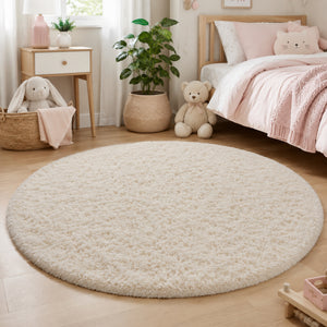 Ophanie Fluffy Shag Round Rug 5 Ft, Ivory Circle Area Rug for Bedroom Living Room Nursery, Cream Circular Carpet for Kids