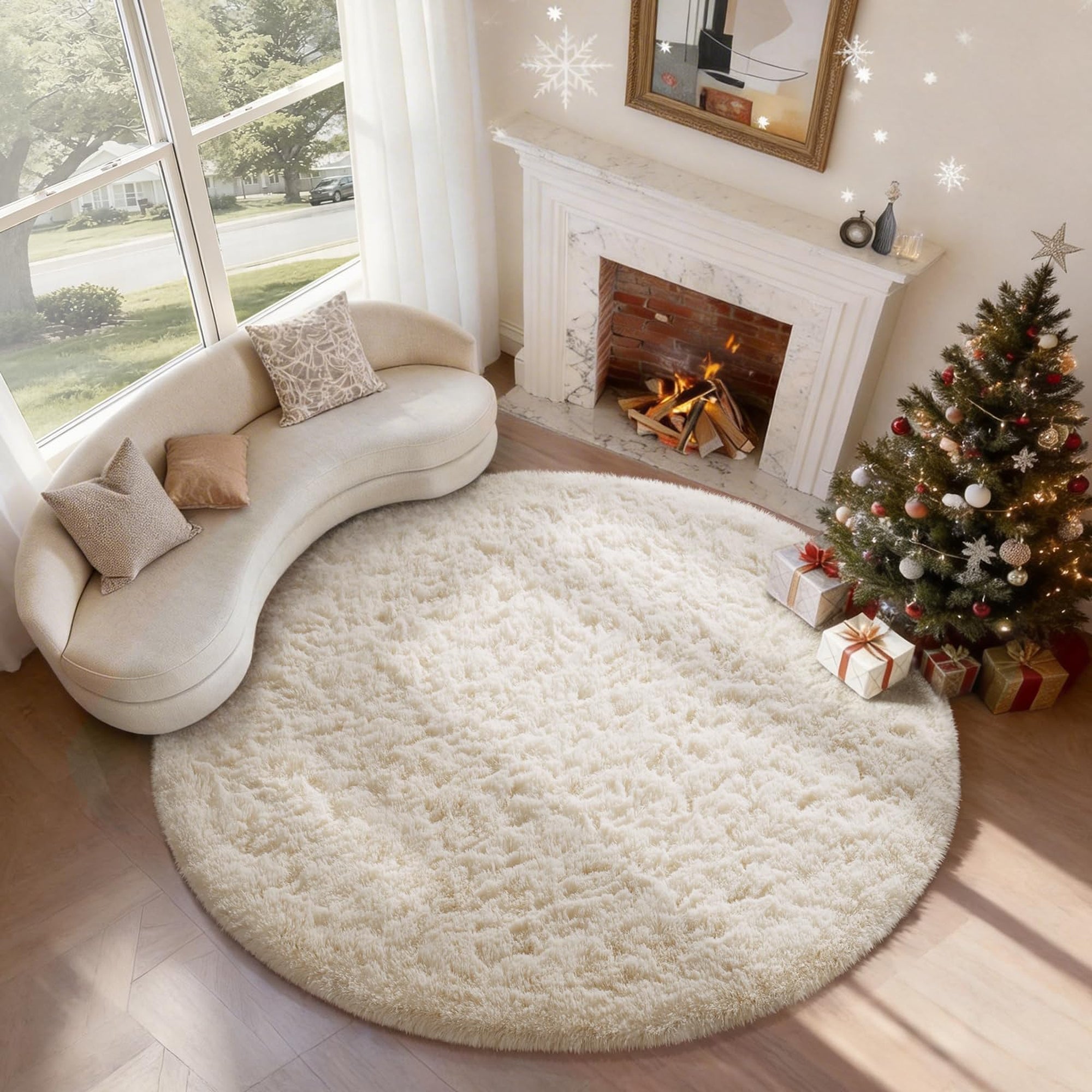 Ophanie Fluffy Shag Round Rug 5 Ft, Ivory Circle Area Rug for Bedroom Living Room Nursery, Cream Circular Carpet for Kids