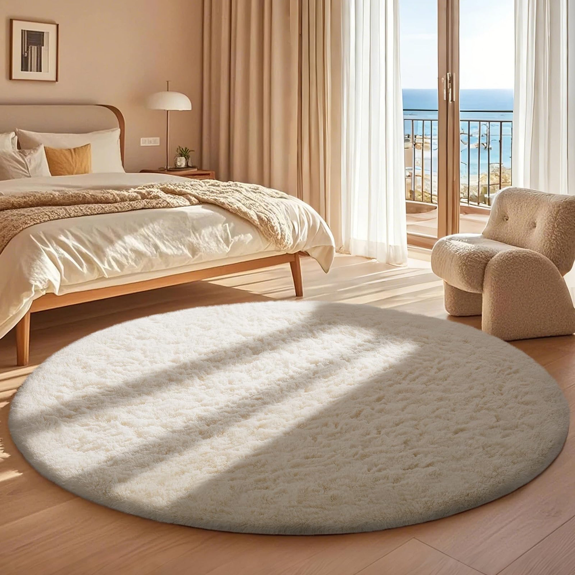 Ophanie Fluffy Shag Round Rug 5 Ft, Ivory Circle Area Rug for Bedroom Living Room Nursery, Cream Circular Carpet for Kids-zoom-3