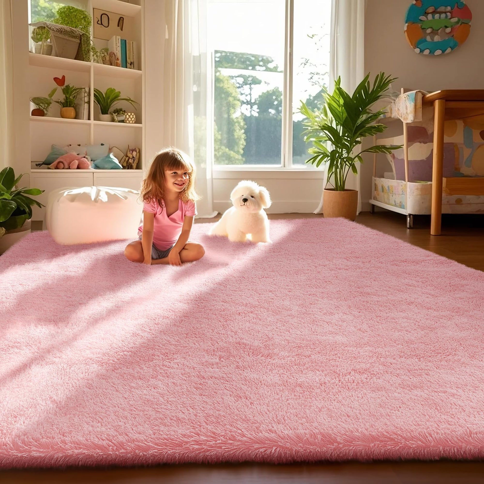 Ophanie Pink Fluffy Rug 4x6, Kawaii Shag Area Rug for Girls Bedroom, Soft Fuzzy Carpet for Kids Nursery, Teen Dorm Bedside Mat