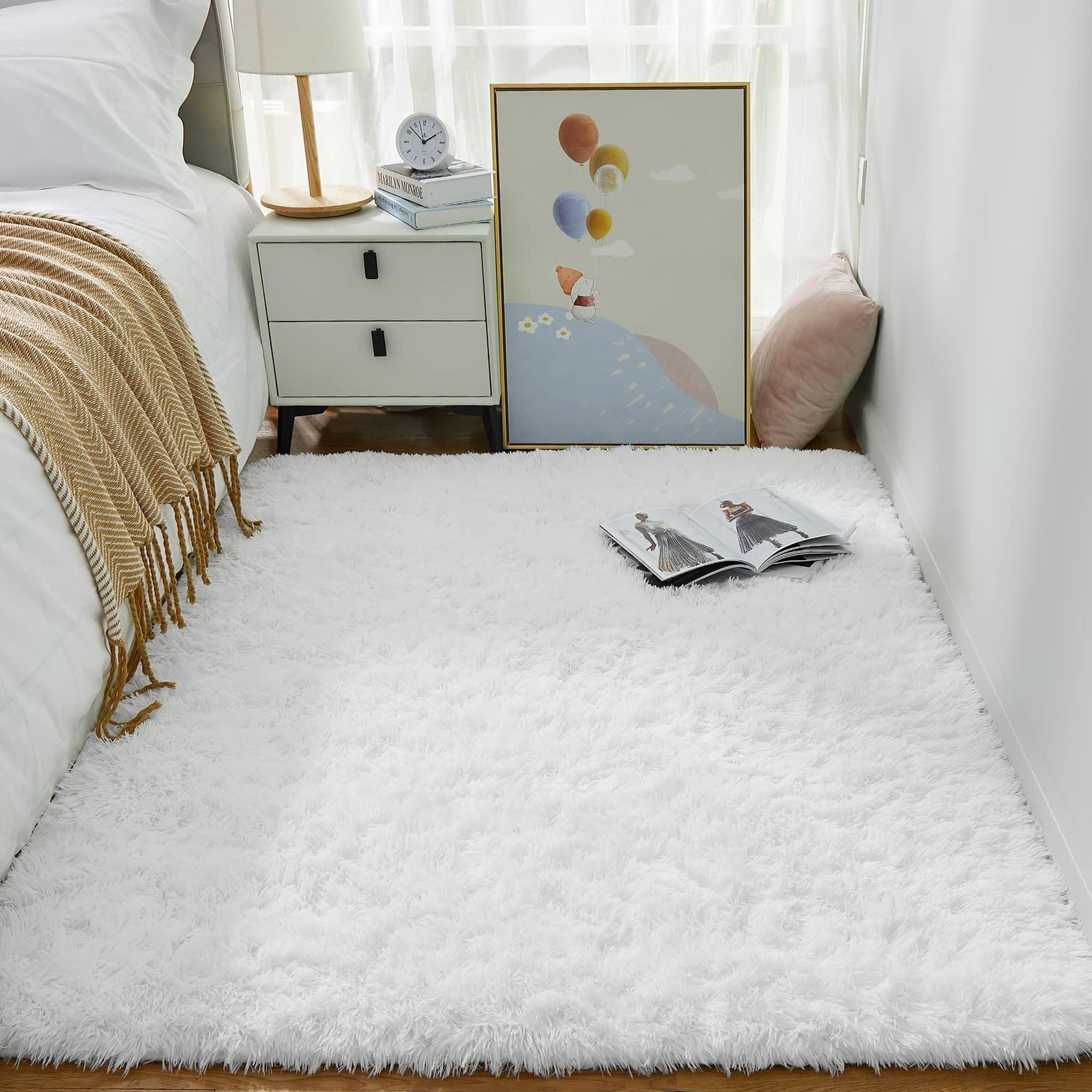 Ophanie White Fluffy Rug 4x6, Shag Area Rug for Girls Bedroom Living Room, Soft Fuzzy Carpet for Kids Nursery, Teen Dorm Bedside Mat-zoom-5