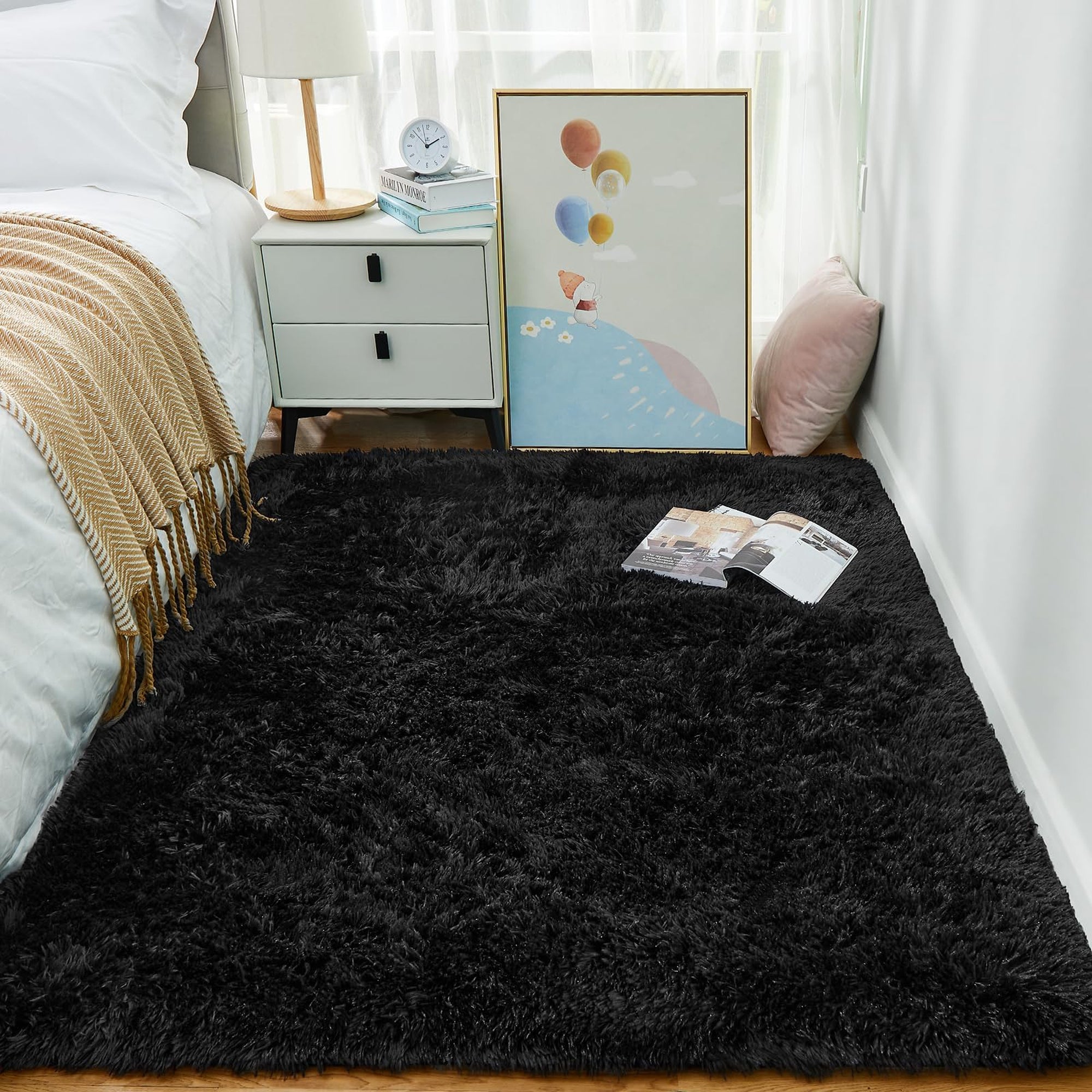 Ophanie 4x6 Area Rug Non Slip Plush Shag Bedroom Living Room Carpet Black Soft Fluffy Floor Rug-zoom-3
