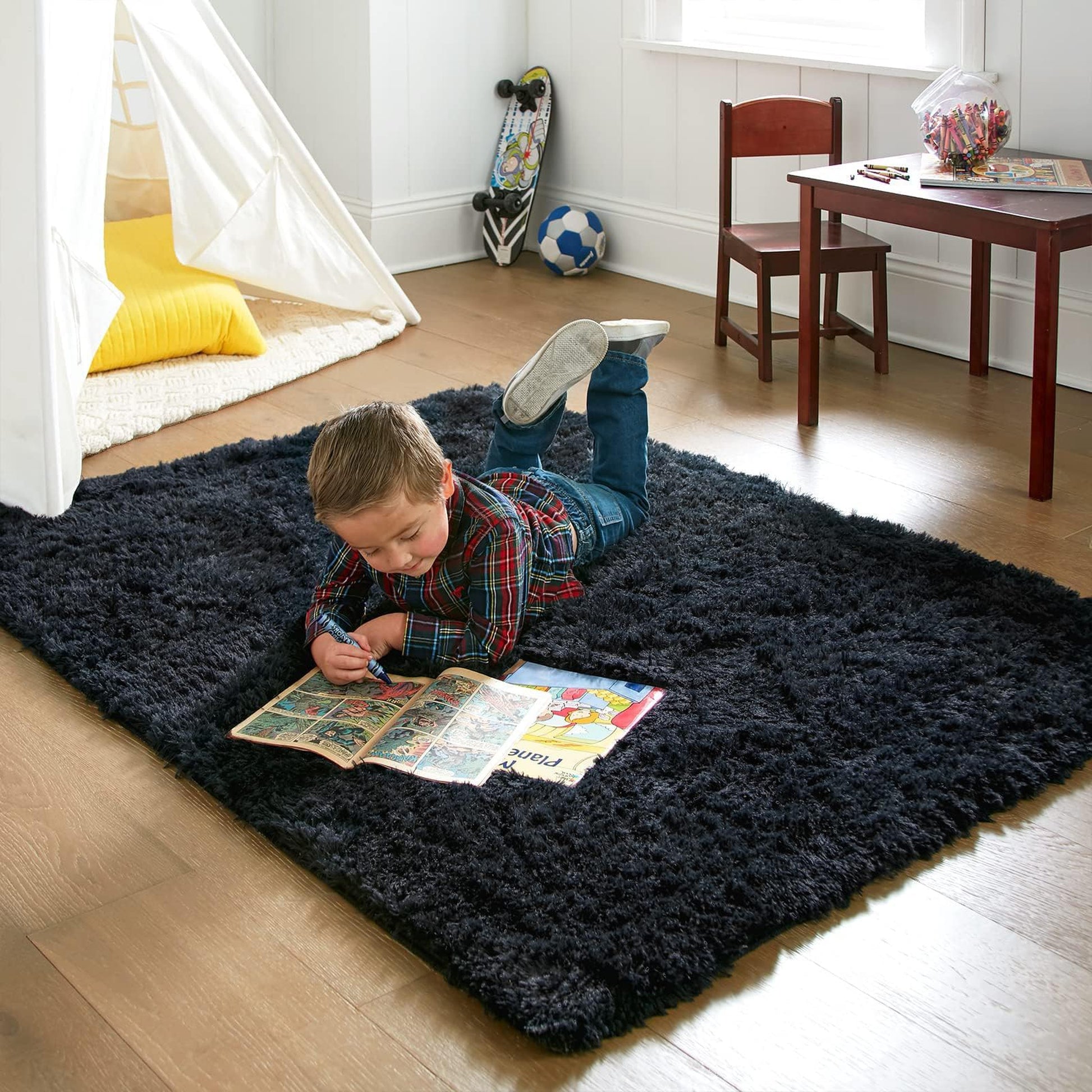 Ophanie 4x6 Area Rug Non Slip Plush Shag Bedroom Living Room Carpet Black Soft Fluffy Floor Rug-1