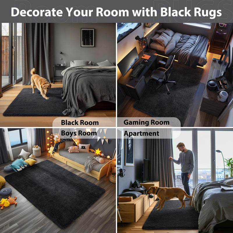 Ophanie 4x6 Area Rug Non Slip Plush Shag Bedroom Living Room Carpet Black Soft Fluffy Floor Rug-zoom-