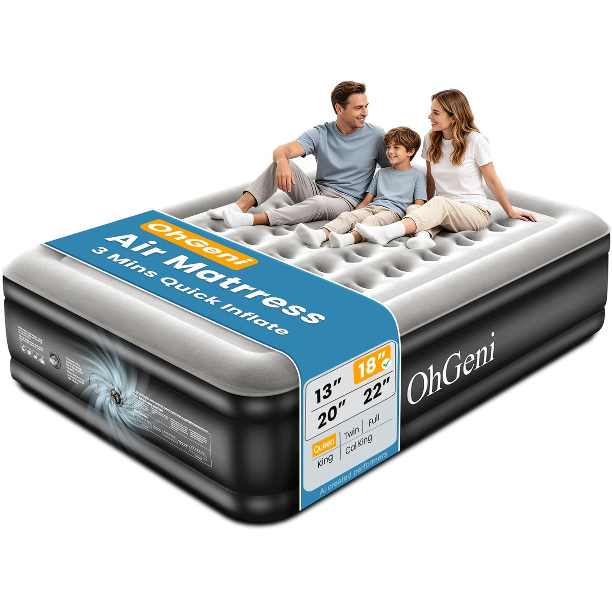 OhGeni Air Mattress Queen with Built in Pump, 18" Raised Blow up Bed, 800lb-1