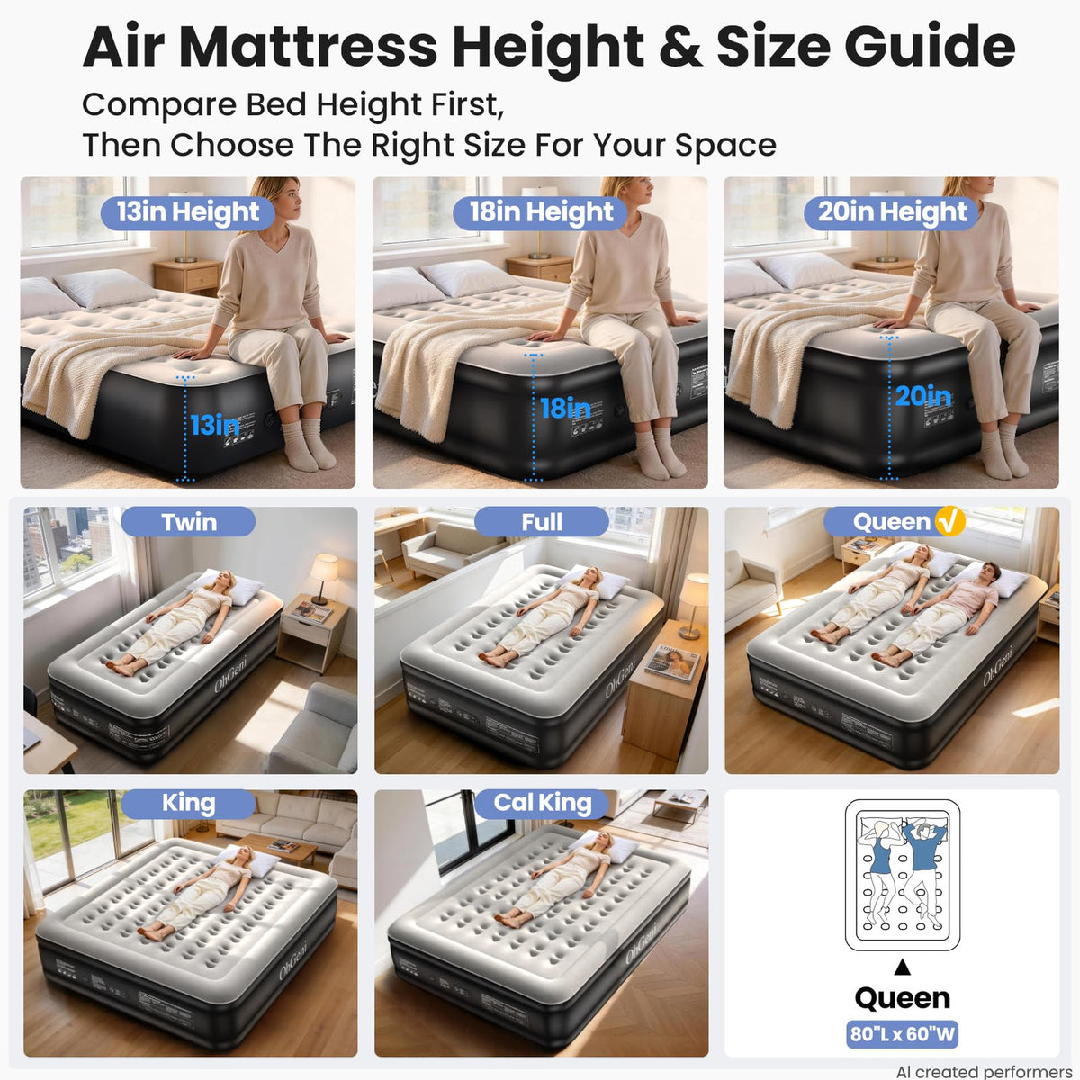 OhGeni Air Mattress Queen with Built in Pump, 18" Raised Blow up Bed, 800lb-7