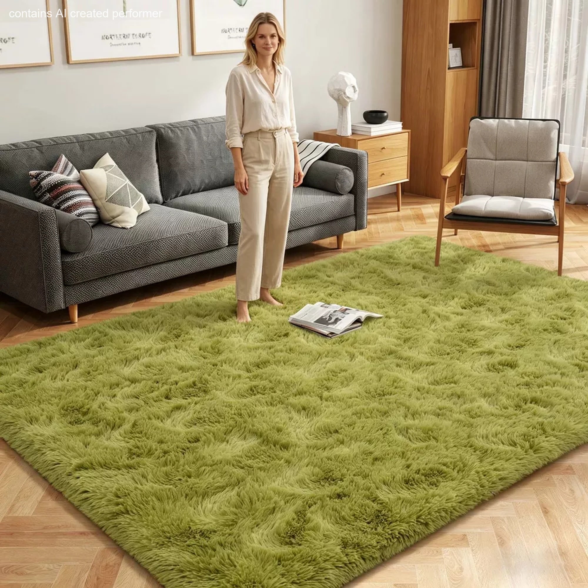 Ophanie 4x6 Green Area Rug Soft Fluffy Shag Bedroom Nursery Rug Grass Style Plush Carpet-zoom-1